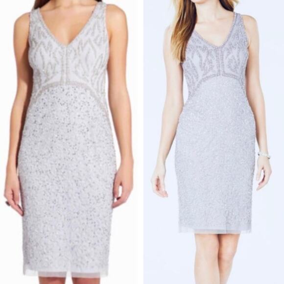 NWT ADRIANNA PAPELL DRESS 16 SEQUIN BEADED BLUE SERENITY SHEATH SHORT COCKTAIL - Picture 1 of 15